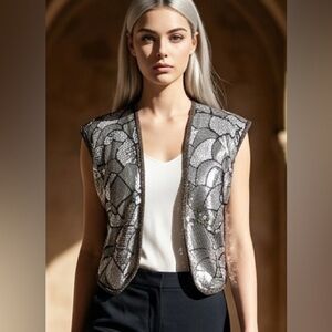 Nikibiki Black and Silver Sequin Cropped Sleeveless Cardigan